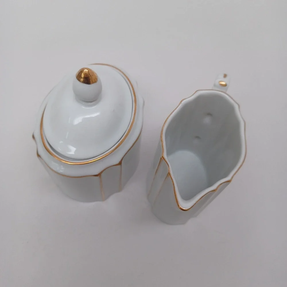 Lord & Taylor Vintage Porcelain Sugar Bowl and Creamer Set Gold Gilt Japan White